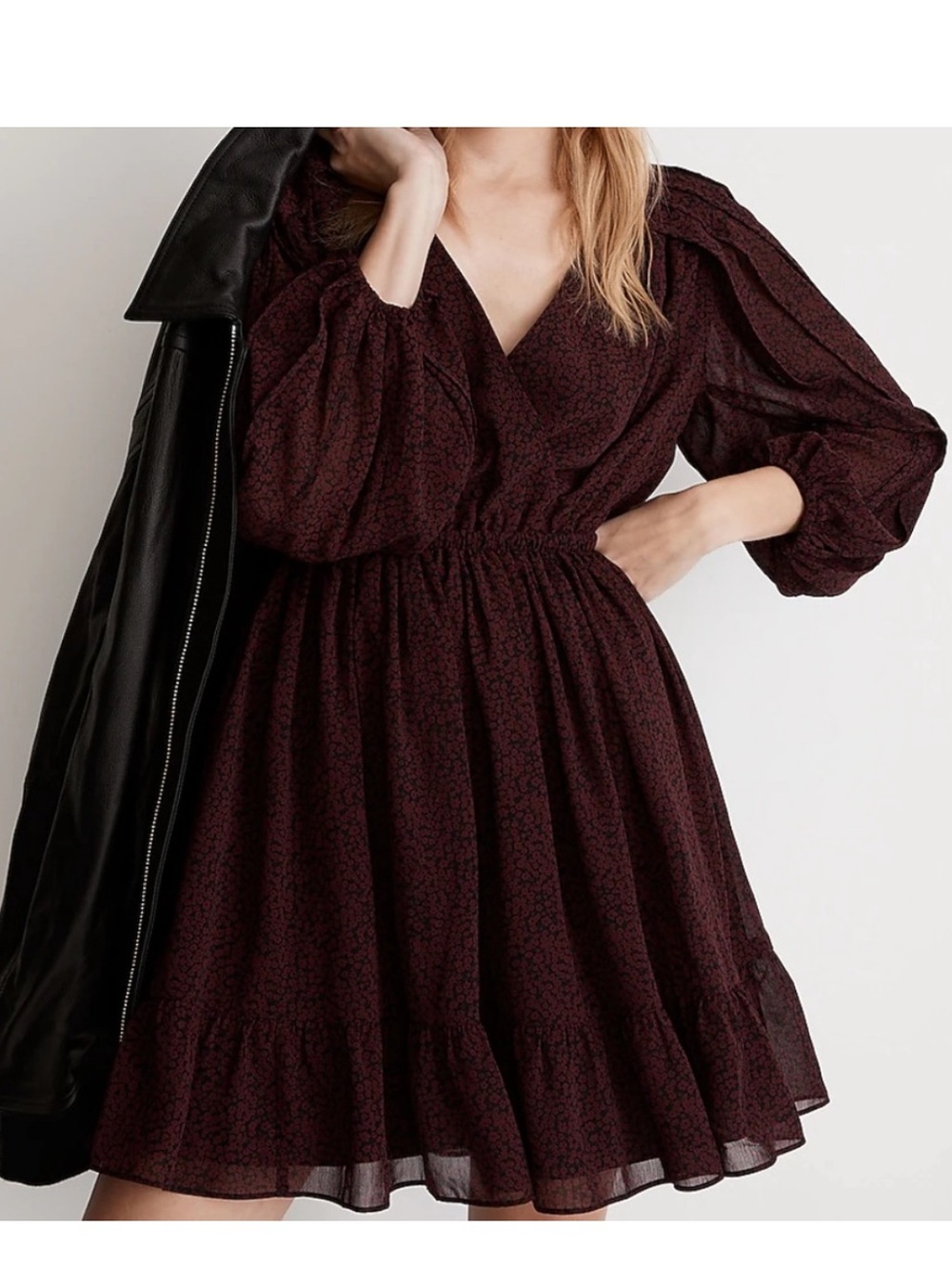 Madewell Burgundy and Black Georgette Faux Wrap Long Sleeve Mini Dress Size XS